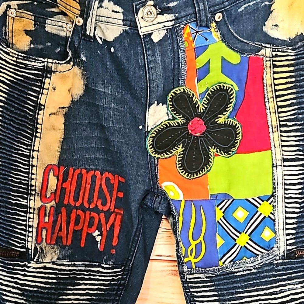 HANDMADE~EMBELLISHED "One Kind Denim" Bleached, Patched, Embroidered HIPPIE Jean